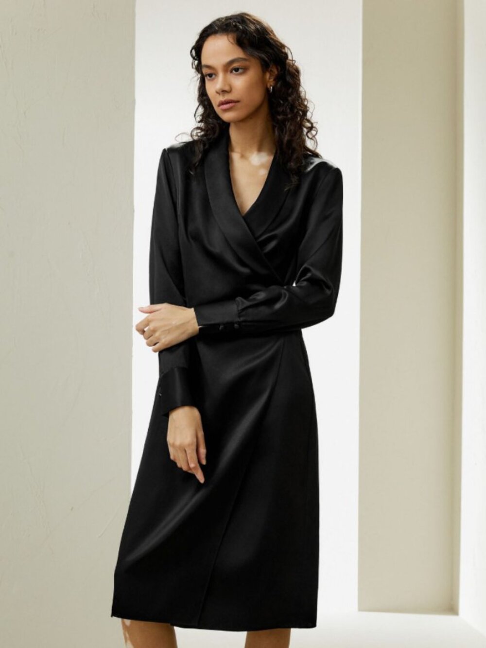 Lilysilk Shawl Collar Silk Wrap Dress black size 10 NWT quiet luxury minimalist